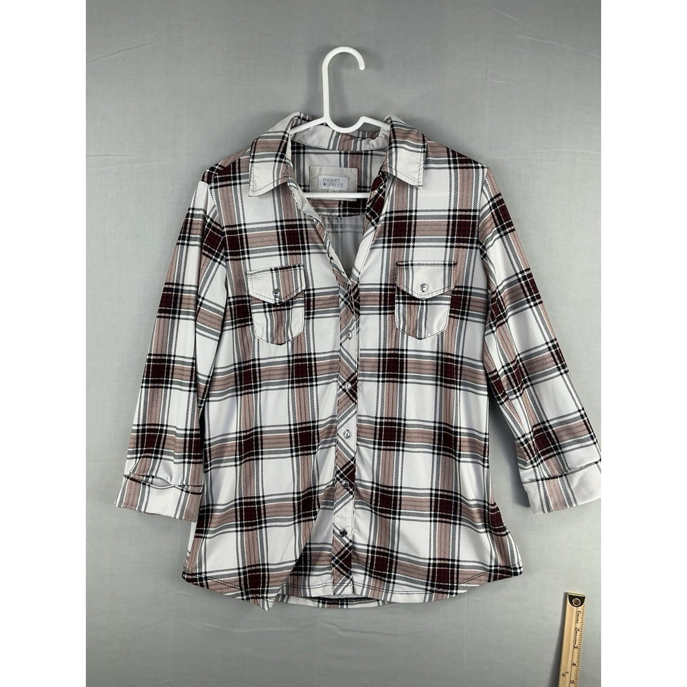 Market & Spruce Women's Plaid Button Front Blouse Long Sleeve‎ Size M